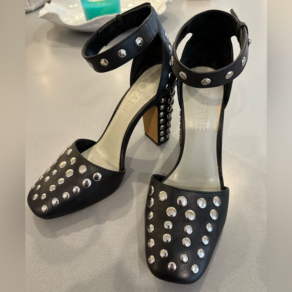 1. STATE Black Chrome Studded Ankle Strap High Heels Pumps Shoes Size 7.5